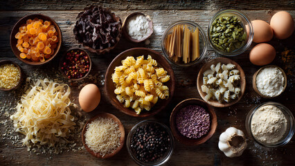 Fototapeta premium A high-angle photograph showcases an assortment of whole grains, seeds, beans, and vegetables on a rustic wooden surface. The image highlights various textures and colors, arranged neatly in bowls.