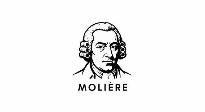 Black and white illustration of a man in historical attire with curly hair