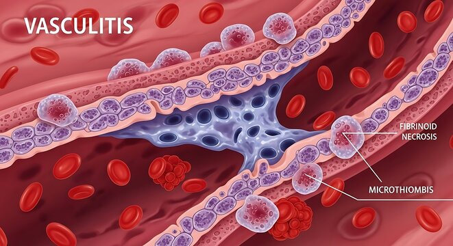 Vasculitis Illustration - Inflammation of Blood Vessels and Red Blood Cells.