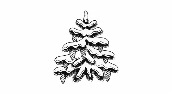Black and white illustration of a snow-covered evergreen tree with pine cones