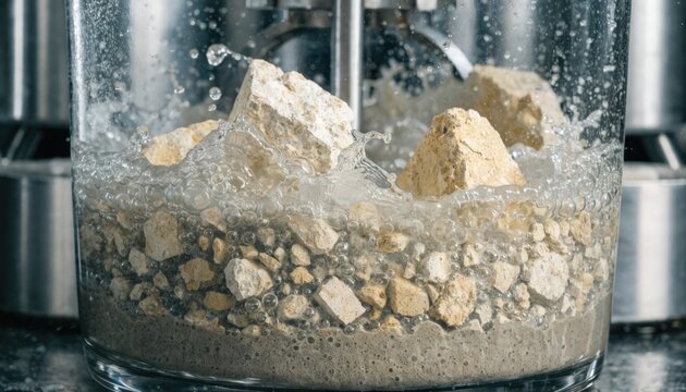 Medium shot capturing the mixing of insulating refractory castables with a focus on lightweight mineral ingredients blending with water for thermal protection.