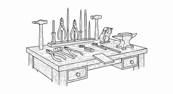 Black and white illustration of a workbench filled with tools