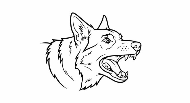 Black and white illustration of an angry dog's head with open mouth and fangs