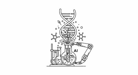 Fototapeta premium DNA helix, plant in flask, robotic arm, and molecular structures