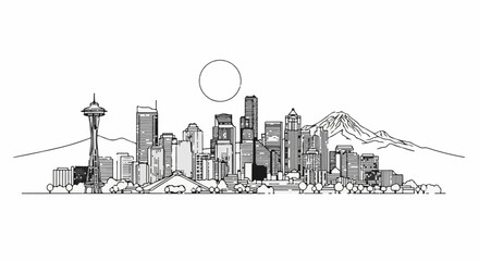 Obraz premium Black and white sketch of a city skyline with a tall tower and distant mountain