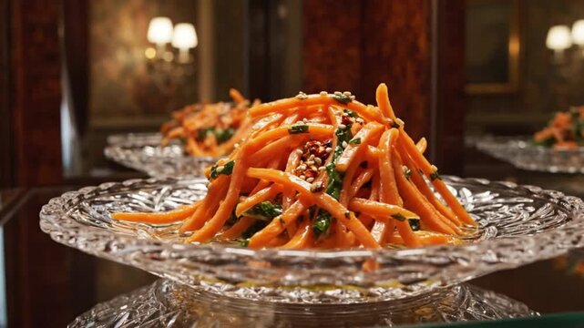 Gourmet carrot salad presentation on glass plates in an elegant, opulent dining room setting