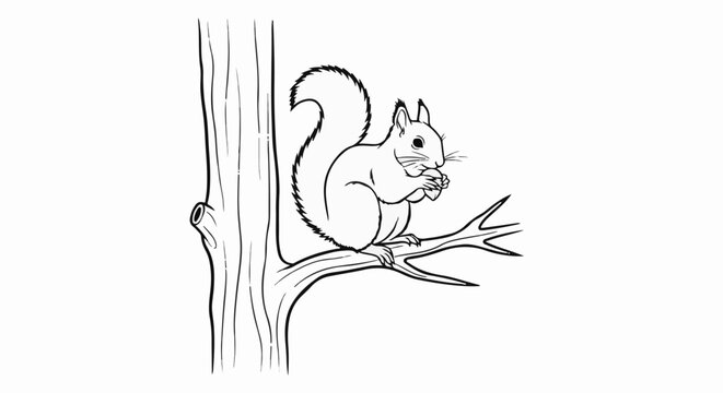 Black and white line art of a squirrel sitting on a tree branch eating a nut
