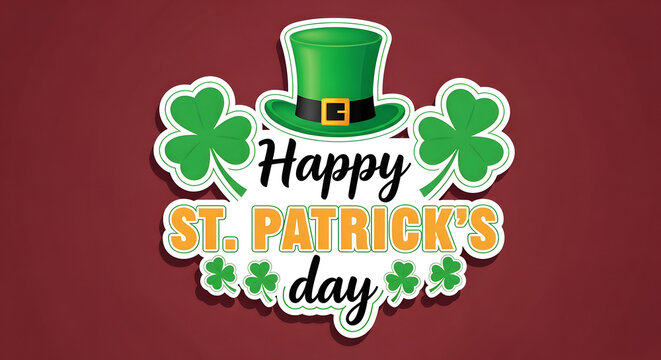 A colorful St. Patrick's Day graphic with a green hat and shamrocks on a maroon background