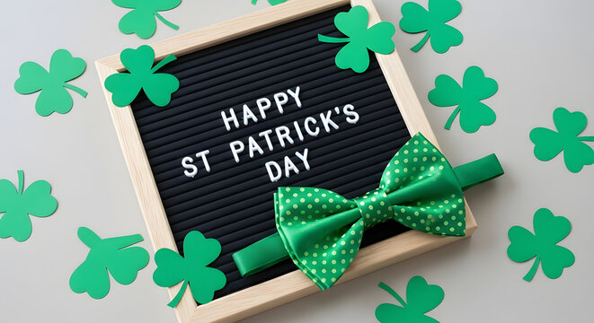 A festive St. Patrick's Day sign with a green bow tie and shamrocks on a gray background