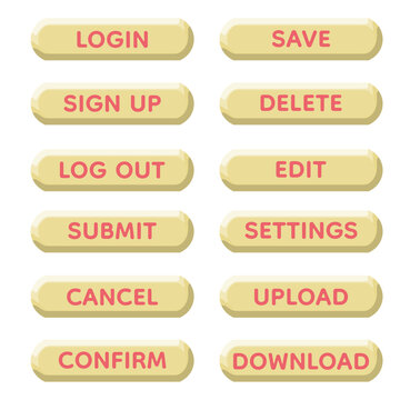 Soft Cream Yellow Glossy 3D Web UI Button Set with Pink Typography LOGIN, SIGN UP, LOG OUT, SUBMIT, CANCEL, CONFIRM, SAVE, DELETE, EDIT, SETTINGS, UPLOAD, DOWNLOAD Text Labels, Rounded Capsule 