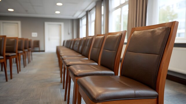 A long organized row of empty upholstered chairs positioned in a naturally lit professional meeting or conference hall