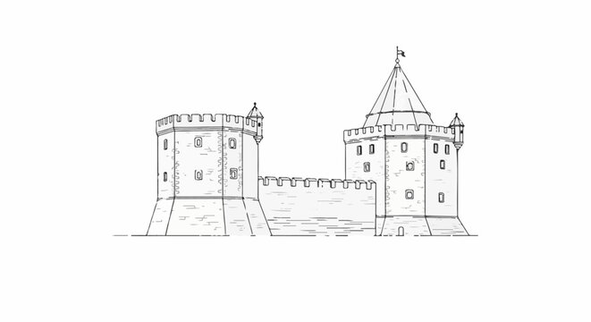 Black and white sketch of a large stone castle with two main towers and a connecting wall