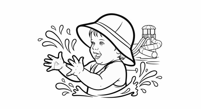 Cheerful toddler in a sun hat splashes joyfully in water near a waterslide