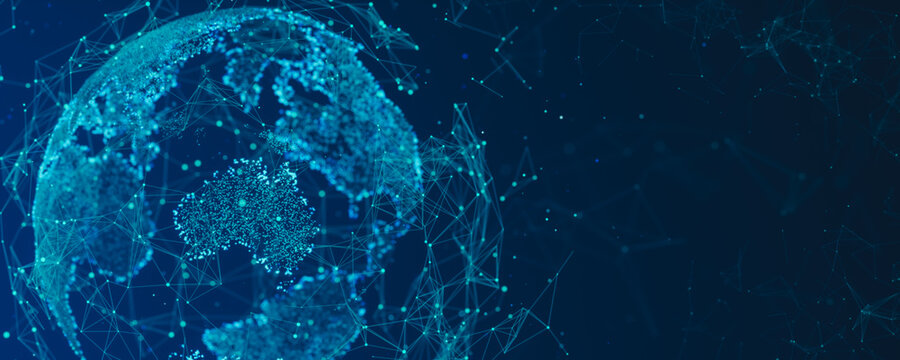 Digital globe visualization highlighting Australia and Oceania with glowing data points and network lines, representing global connectivity, communication systems. 3D rendering.