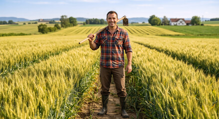 Fototapeta premium Smiling male farmer holding a hoe in a green wheat field. Agricultural worker in plaid shirt and boots standing in the countryside. Organic farming and agriculture concept