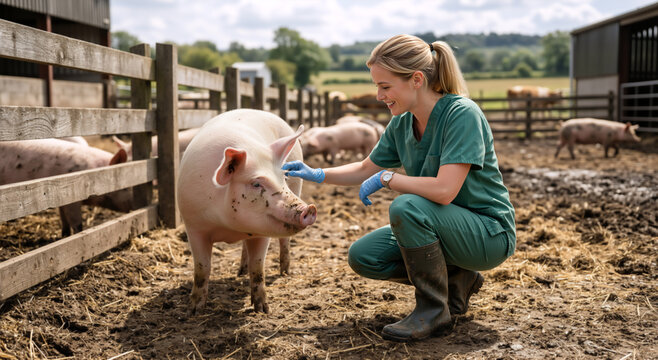 Smiling female veterinarian petting a pig on a farm. Woman in green scrubs and gloves caring for livestock in a muddy enclosure. Animal health and agricultural industry concept