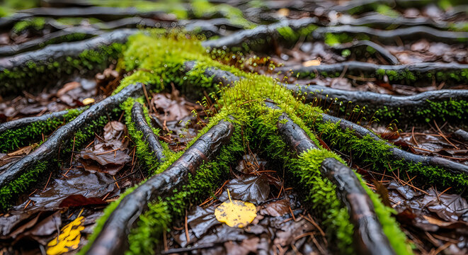 Mossy Tree Roots Background with Autumn Leaves in Forest Nature Texture