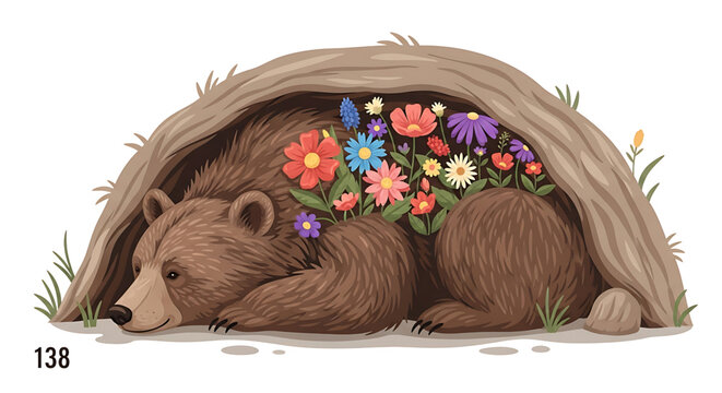 A cute bear resting in a cozy cave filled with colorful flowers