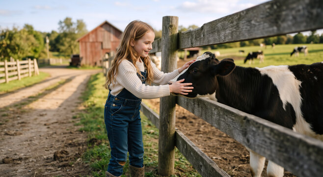 Happy young girl petting a black and white calf over a wooden fence. Child in overalls interacting with a baby cow on a farm. Rural countryside lifestyle on a sunny day