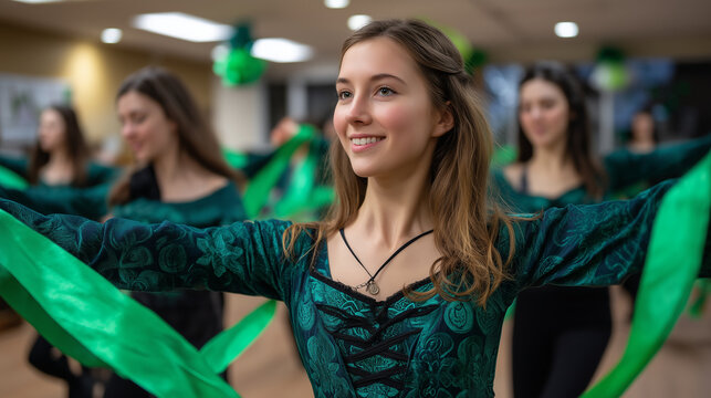 Celtic dancers rehearsing synchronized steps in community hall decorated with emerald streamers for cultural festival, traditional costumes swirling during practice, perfect for Ir