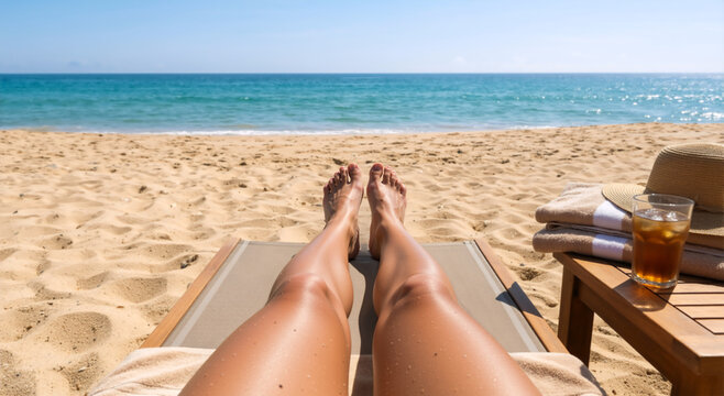 First person view of legs on a beach lounge chair facing the ocean. Sunbathing on a sandy shore during summer vacation. Wooden table with iced drink, towels and straw hat. Copy space