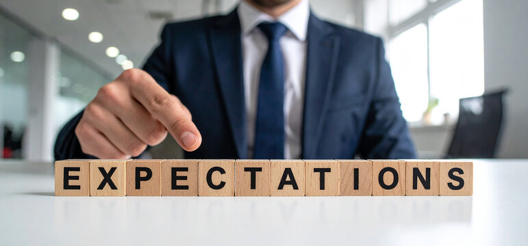 Expectations - Geschäftsmann zeigt auf das Wort "Expectations"