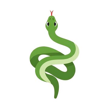 A cartoon-style illustration of a green snake coiled in a spiral, featuring big eyes and a red tongue against a white background