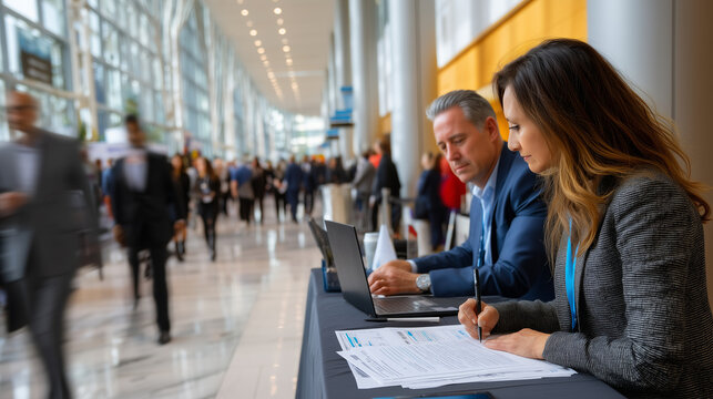 B2b negotiation team reviewing contract terms in crowded hotel convention center hallway, delegates rushing past as deal documents spread across temporary standing tables, perfect