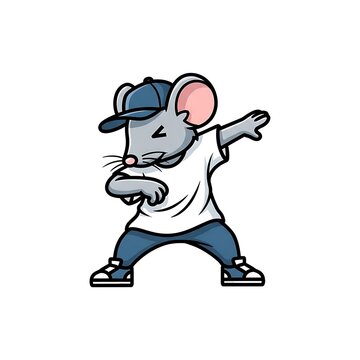 A cartoon-style illustration of a grey rodent wearing a backwards cap, white shirt, and blue jeans, performing the "dab" pose
