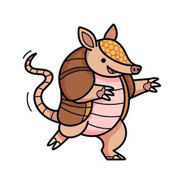A cartoon-style illustration of an armadillo running. It has a tan body with dark brown armor and a long, curved tail