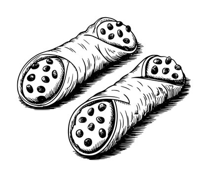Hand drawn black and white of Italian cannoli pastries with chocolate chips pastry