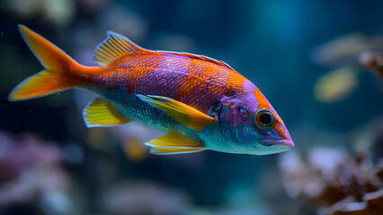 Obraz premium A vibrant photograph of a striking orange and blue fish with yellow fins swimming in a richly colored coral reef.