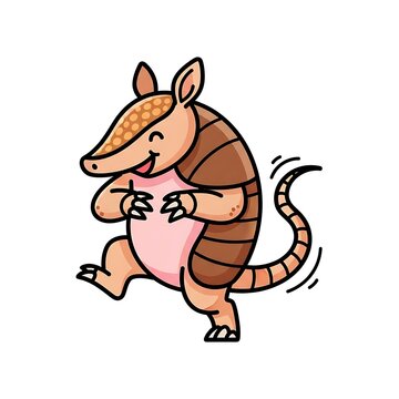 A cartoon-style illustration of a happy armadillo standing on its hind legs and smiling cheerfully. It's tan and has stripes