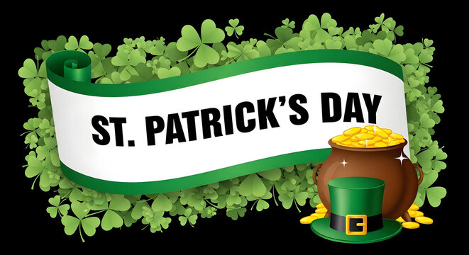 A festive illustration celebrating St. Patrick's Day with a pot of gold, shamrocks, and a green hat.