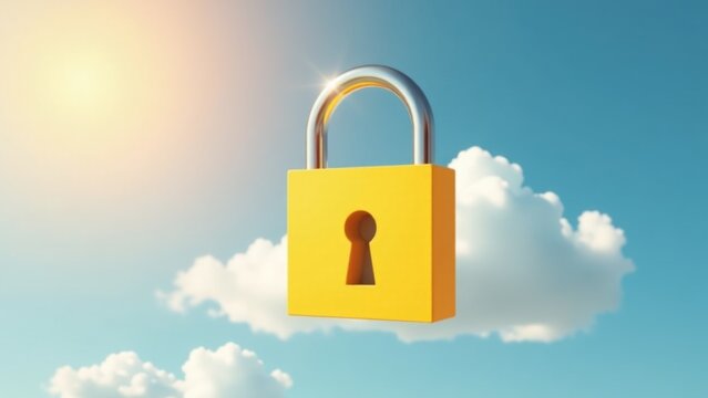 A bright yellow padlock with a keyhole is floating in the blue sky, surrounded by white clouds