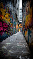Naklejka premium A narrow, graffiti-covered alley with vibrant, multicolored tags in pink, yellow, blue, and purple. The ground is paved with worn, gray stone tiles. The alleyway leads to a bright, illuminated doorway