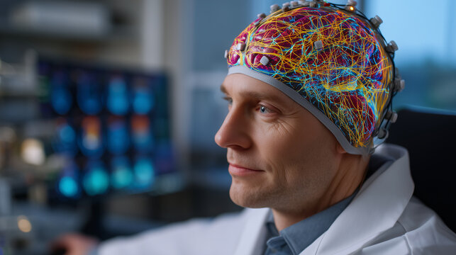 Neuroscientist observing live brain activity scans during cognitive testing, multicolored neural pathways illuminating in overcast laboratory, patient wearing sensor cap, electrode