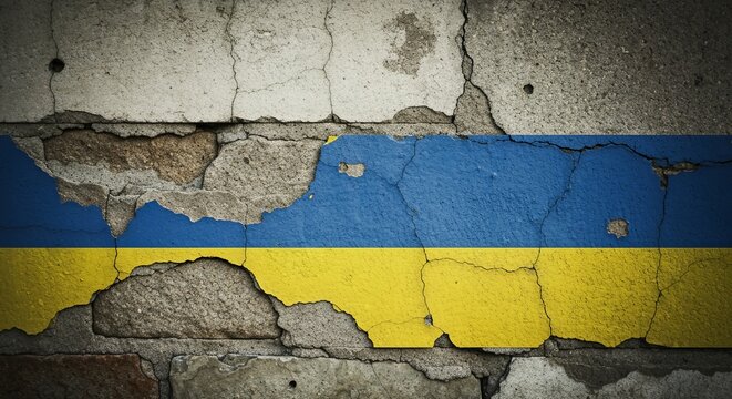 Cracked Wall Displaying a Resilient Ukrainian Flag, Symbolizing National Identity and Heritage