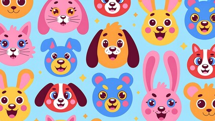 Obraz premium Colorful cartoon animal faces collection on pastel seamless pattern background