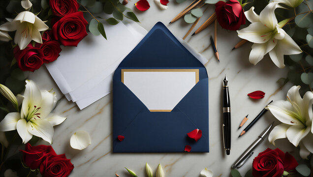 Sobre azul con tarjeta dorada rodeado de rosas rojas, lirios blancos, plumas y l&aacute;pices sobre m&aacute;rmol claro en una elegante mesa de dise&ntilde;o.