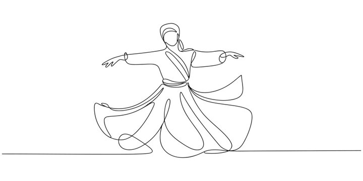 Sufi dervish whirling in continuous line art style, traditional Islamic dance vector illustration, spiritual meditation and Mevlevi culture drawing
