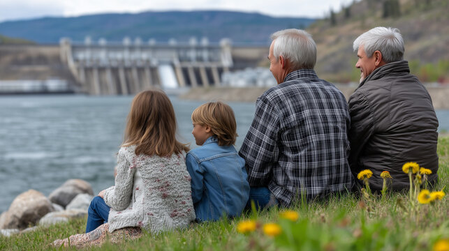Multigenerational family gathering on grass overlooking hydroelectric reservoir with grandparents explaining dam operations to children during spring equinox celebration while turb