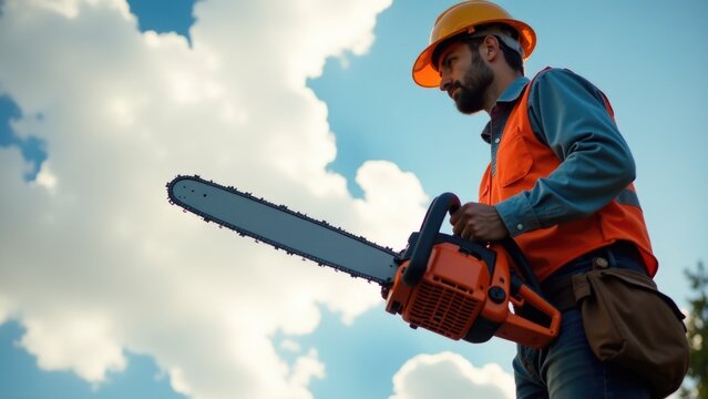 A person wearing an orange safety vest holds a chainsaw, preparing for work