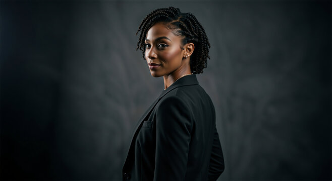 Professional Black woman in a black blazer looking over her shoulder. Studio portrait of a confident female executive with braided hair. Corporate business fashion concept