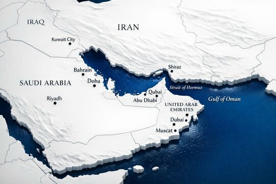 Ultra-Realistic 3D Map of the Persian Gulf Region with Labeled Countries and Cities