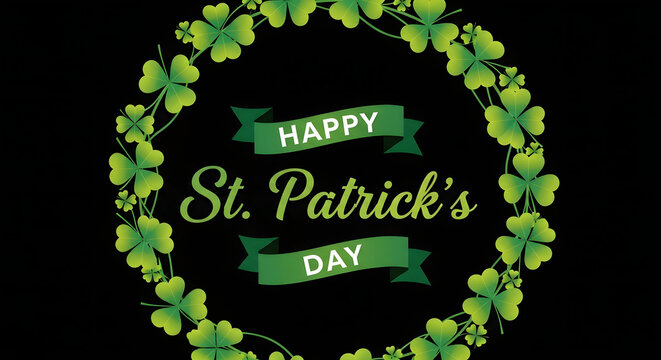 A festive St. Patrick's Day graphic with a wreath of green clover leaves on a black background