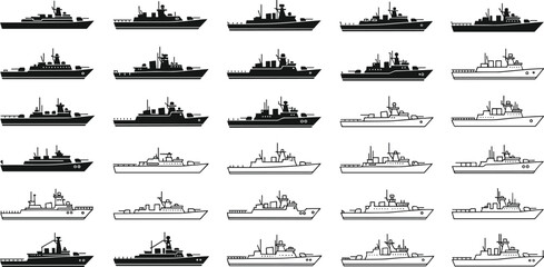 Large collection of vector assets featuring Japanese cultural symbols, anime eyes, technical fashion sketches, fitness icons, longhorn cattle silhouettes, and naval warship outlines © Bappi