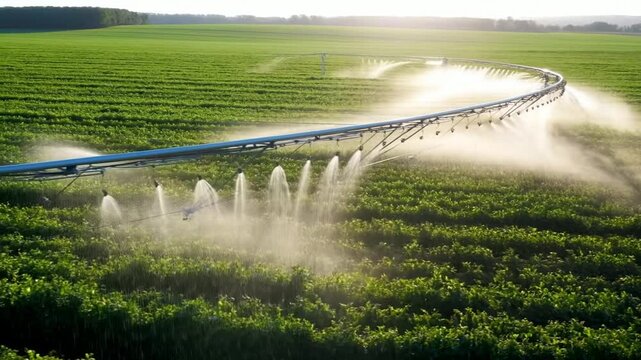 Aerial tracking shot of center pivot irrigation system spraying water over green crop field at sunrise