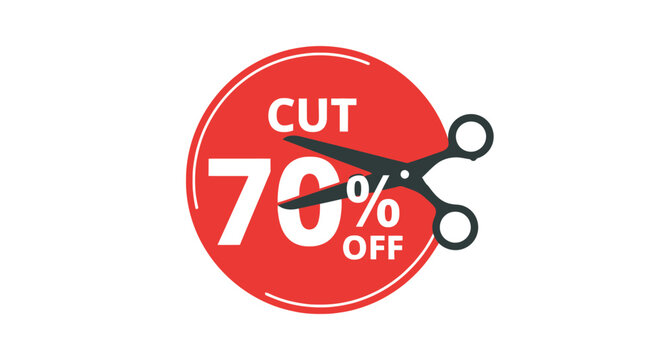 Cut 70% Off Sale Discount Price Tag with Scissors, Retail Promotion