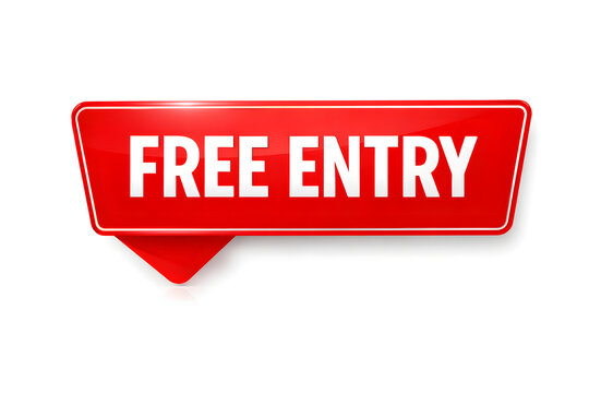 3D red free entry sign with glossy finish on white background for promotions and events